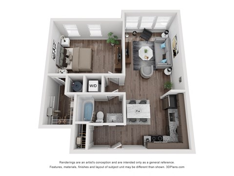 Floor plan for 1 bed, 1 bath, 697 sqft